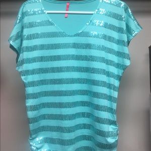 ✨Turquoise Striped Sequins Side Ruffle Top✨ 5/$25
